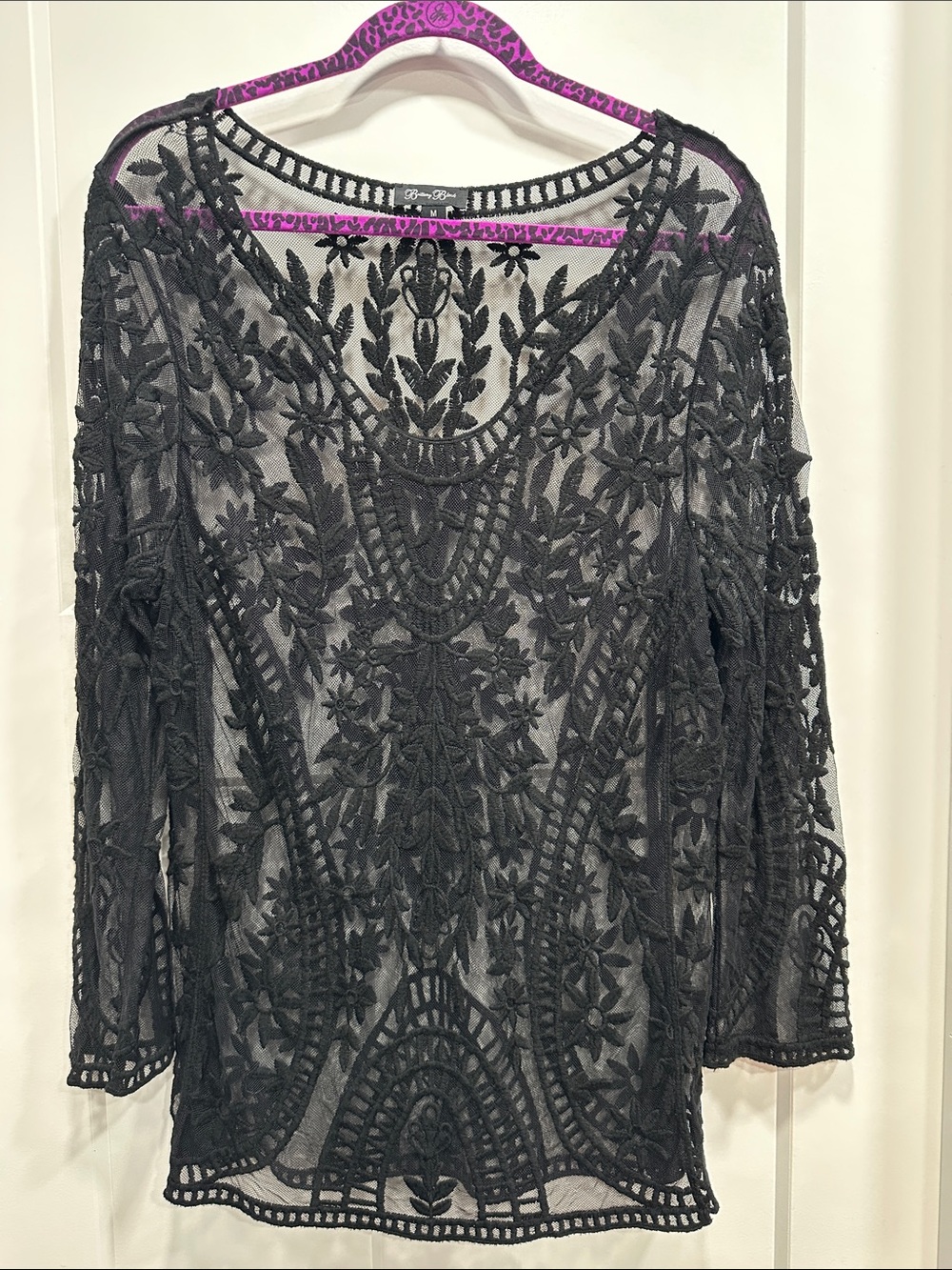 Sheer Black Embroidered Long-Sleeve Tunic - Size Medium